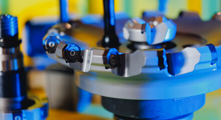 Set new drills and cutters for automatic metal processing CNC machine. Industrial tool equipment for iron factory