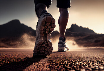 illustration of a young man running on a hill. focus on his shoes.
Created with Generative AI technology.