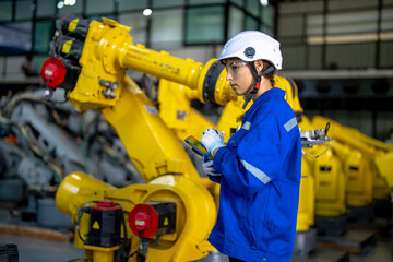 Engineer inspecting automatic robot arms and machines in factory.