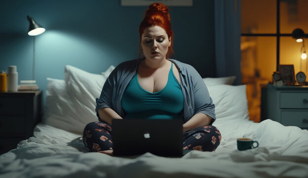 Beautiful redhead woman sitting on bed in lotus position with hands on chest doing pranayama technique in front of laptop, breathing deeply, achieving equanimity after stressful day. Generative AI