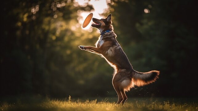 Dog In A Forest Catching A Frisbee (Generative AI)