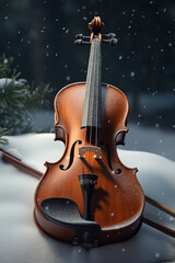 Fototapeta na wymiar violin sitting on the ground in the snow. Generative Ai
