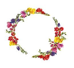 Watercolor flowers. Round frame of freesia flowers on a white background