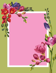 Watercolor card with flowers. Freesia branch and flower on an olive background