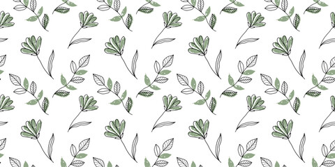 Vector seamless pattern with green flowers, branches and leaves for textiles, wrapping paper, decor, covers and backgrounds
