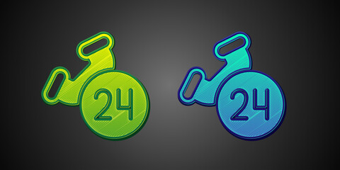 Green and blue Telephone 24 hours support icon isolated on black background. All-day customer support call-center. Full time call services. Vector