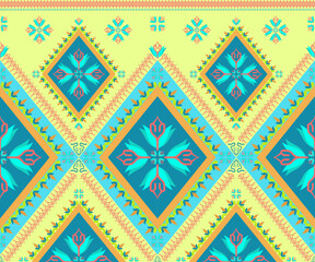 Ethnic folk geometric seamless pattern in light green and blue tone in vector illustration design for fabric, mat, carpet, scarf, wrapping paper, tile and more
