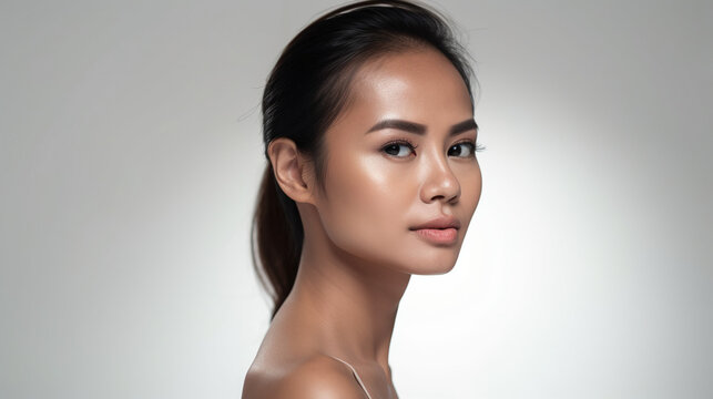 Portrait of a Thai woman. head and shoulders, oblique, side view. AI generated illustration.