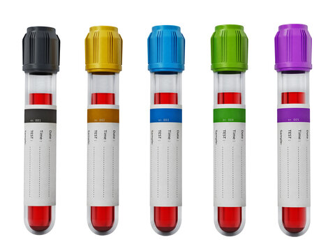 Blood vials with colored lids on transparent background. 3D illustration