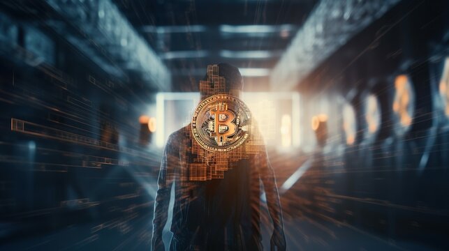 Illustration of Bitcoin technology, creation of Satoshi Nakamoto with double exposure design. Generated with artificial intelligence