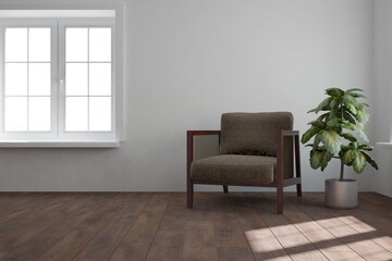 modern room with armchair and plant in pot interior design. 3D illustration