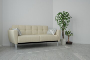 modern room with sofa,pillows and plants in pots interior design. 3D illustration