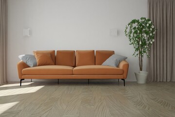modern room with sofa,pillows,curtains,plant and lamp interior design. 3D illustration
