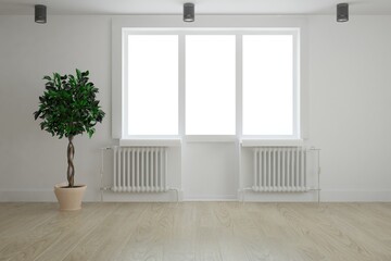 modern room with two heating battery and beautiful plant in pot interior design. 3D illustration