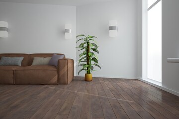 modern room with sofa,pillows,lamp aand plant in beautiful pot interior design. 3D illustration