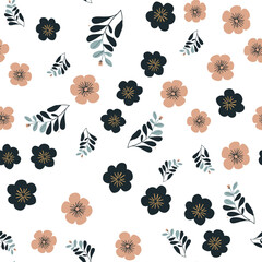 Vector seamless pattern with floral elements, leaves, flowers, branches
