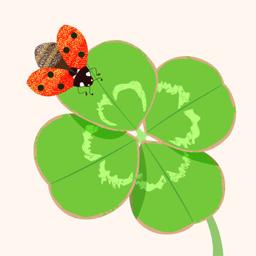 Cute red ladybird sits on green clover leaf. Card with good luck wishes. Vector illustration with textures, top view. 