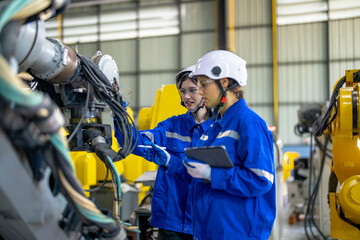 Engineer inspecting automatic robot arms and machines in factory.