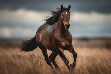Brown Horse Running In A Field With A Cloudy Sky In The Background. Generative AI