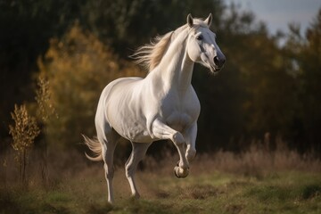 A Wild White Horse Has Started On Its Hind Legs In A Field. Generative AI