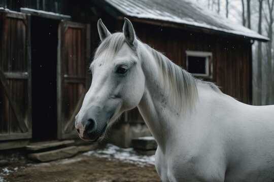 A Gray Horse Standing In Front Of A Wooden Barn With A Red Roof. Generative AI