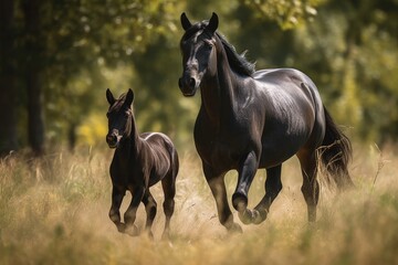 Black Horse And Cub Running Through The Grass. Generative AI