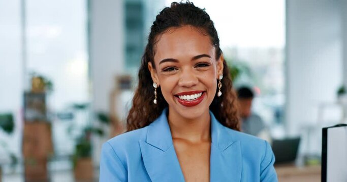 Face, business woman and smile with arms crossed in office, pride for call center career or job. Portrait, professional and happy, proud and confident female telemarketer or person from South Africa.