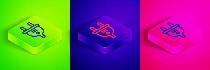 Isometric line Electric plug icon isolated on green, blue and pink background. Concept of connection and disconnection of the electricity. Square button. Vector