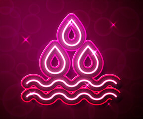 Glowing neon line Water drop icon isolated on red background. Vector