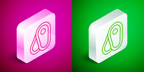 Isometric line Steak meat icon isolated on pink and green background. Silver square button. Vector