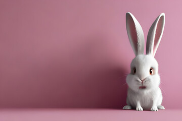 Obraz premium white rabbit on pink background, Cute calm easter bunny 3d character. Closeup of a Cartoon rabbit in pink colour with big eyes. 3d render illustration. Generative AI art. Farm animals set. Copy space