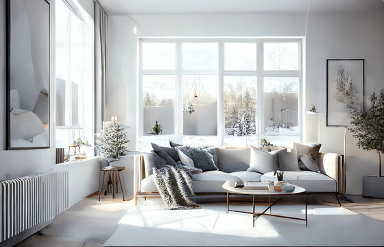 Spacious modern bright Scandinavian living room concept. Created with Generative AI technology.