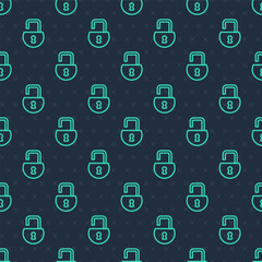 Green line Open padlock icon isolated seamless pattern on blue background. Opened lock sign. Cyber security concept. Digital data protection. Vector