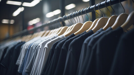 Fototapeta premium Clothes on hangers in shop for sale. Generative Ai