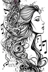 Girl profile decorated with musical and floral pattern