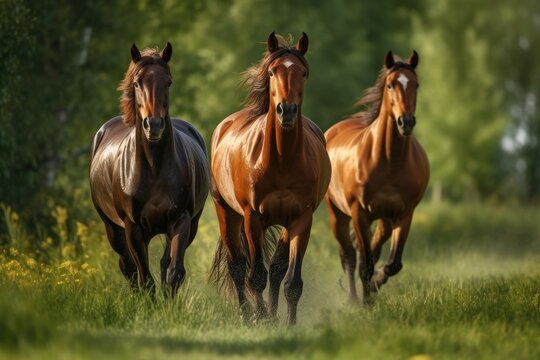 Three Beautiful Shiny Horses Running Through A Green Meadow. Generative AI