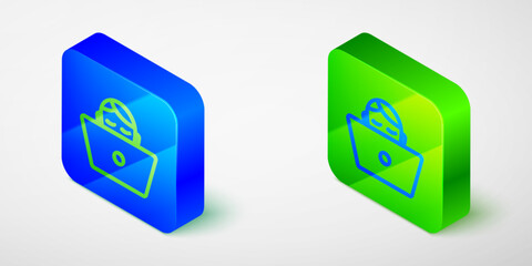 Isometric line Freelancer icon isolated on grey background. Freelancer man working on laptop at his house. Online working, distant job concept. Blue and green square button. Vector