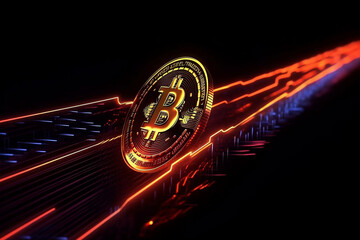 Golden Neon Bitcoin - A Stunning Conceptual Image of the Future of Finance and Cryptocurrency on a Glowing Computer Circuit Board with Intricate Details and Motion. Digital currency. Generative AI.
