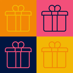 Pop art line Gift box icon isolated on color background. Merry Christmas and Happy New Year. Vector