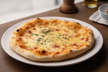 White Pizza Pizza On A White Plate, Top View. Generative AI