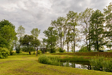 A pond in the garden with trees and sky in the background