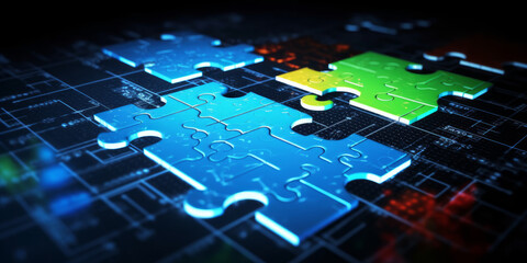 Obraz premium Logic puzzle collaboration using a virtual cyberspace network and binary code. Generative AI