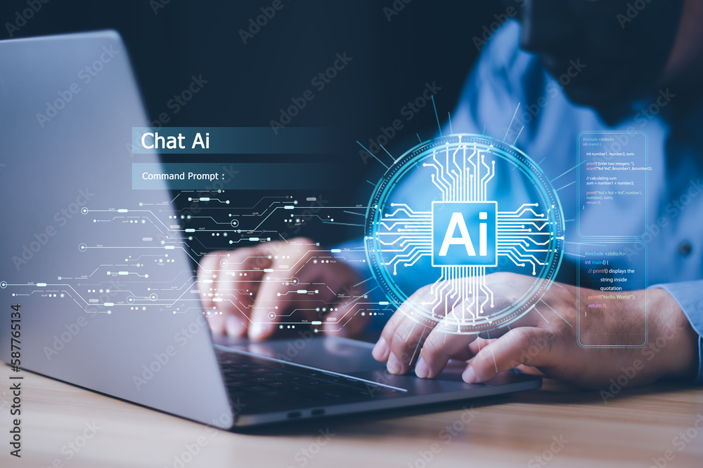Poster businessman chat with ai, artificial intelligence. man using technology smart robot ai, artificial i