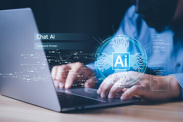 businessman Chat with AI, Artificial Intelligence. man using technology smart robot AI, artificial intelligence by enter command prompt for generates something, Futuristic technology transformation.