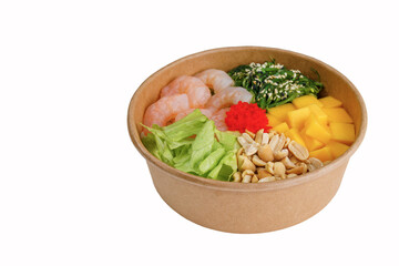 poke with shrimp, mango, peanuts, chuka seaweed, masago caviar, iceberg, poke rice, aioli sauce white background for restaurant menu