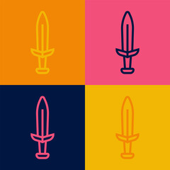 Pop art line Medieval sword icon isolated on color background. Medieval weapon. Vector