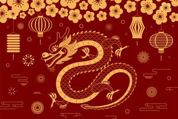 2024 Lunar New Year dragon, fireworks, lanterns, plum blossoms, Chinese text Happy New Year. Vector illustration. Line art. Asian style design. Concept for holiday card, banner, poster, decor element