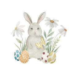 Happy Easter print. Watercolor spring illustration with eggs, bunny, herbs. Hand drawn poster on white background.