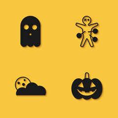Set Ghost, Pumpkin, Moon and stars and Voodoo doll icon with long shadow. Vector