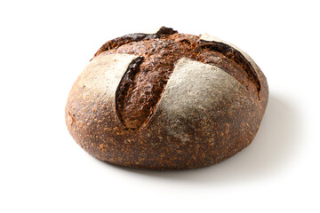 Loaf of artisan freshly baked hemp wholegrain bread isolated on white background. Close up.